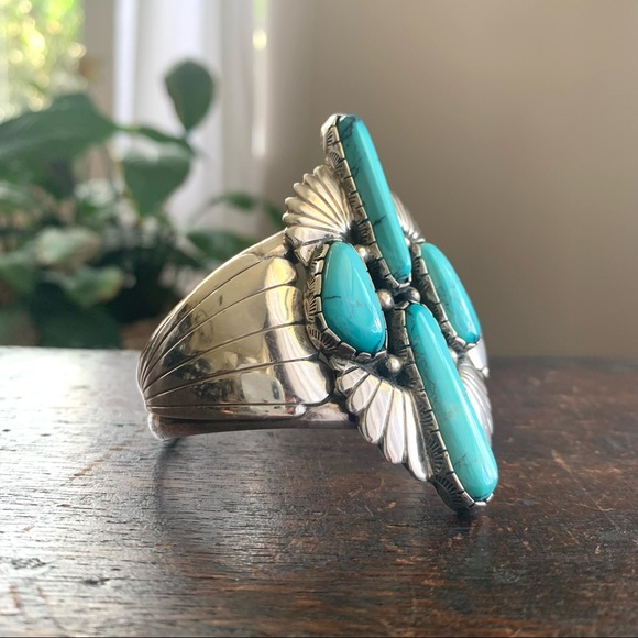 Navajo Turquoise and Sterling Wide Cuff Bracelet - Picture 6 of 16
